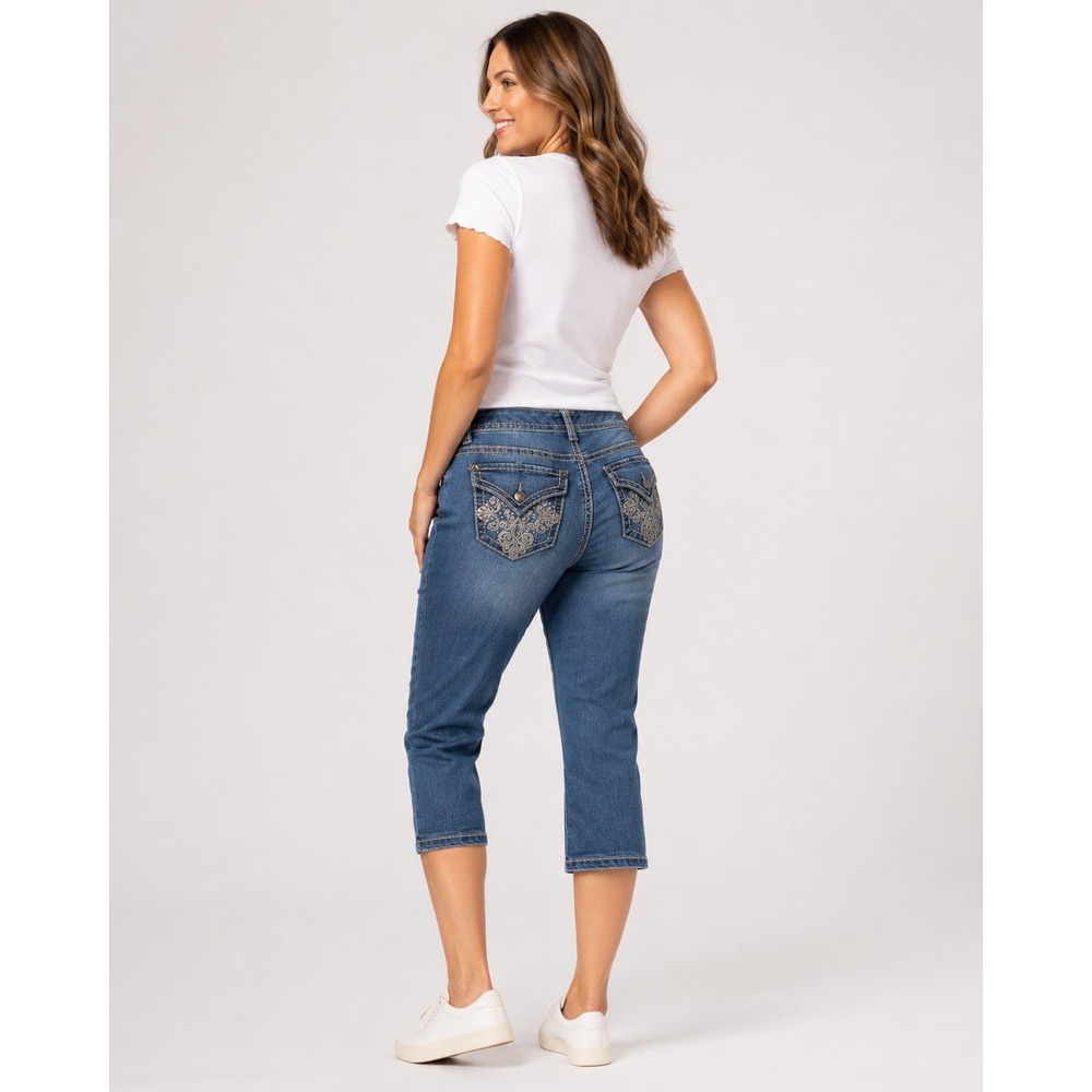 NINE WEST‎ Capri Jeans Womens 4/27 Blue Embellished Pockets Contrast Stitch